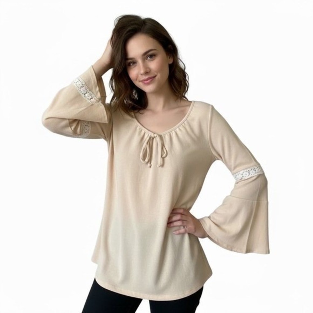 No Boundaries Boho Bell Sleeve Blouse S Beige Crochet Lace Tie Neck Peasant Top